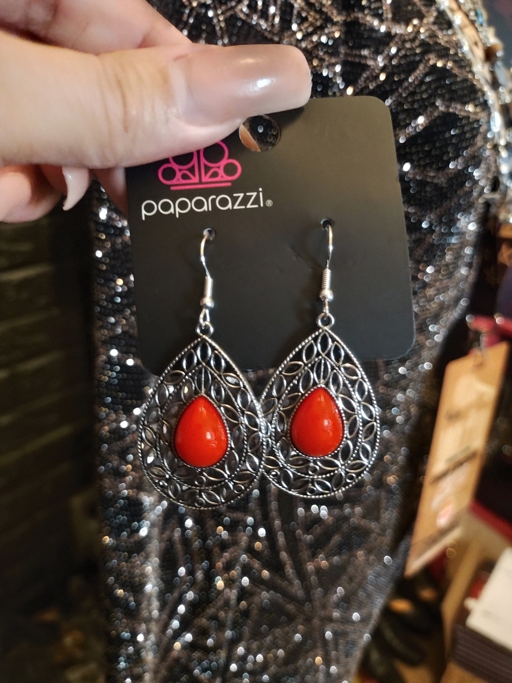 Paparazzi Silver Filigree Teardrop Earrings with Red Teardrop Stone